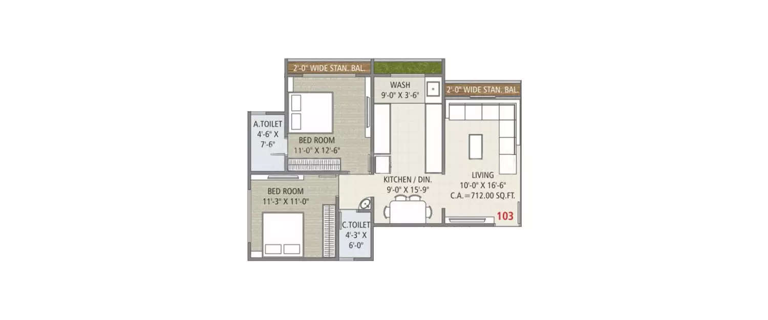 Floor plan for 2 BHK