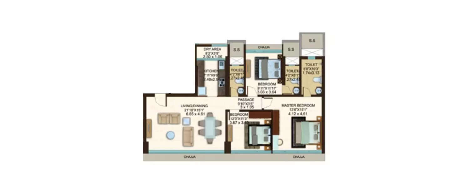 Floor plan for 3 BHK