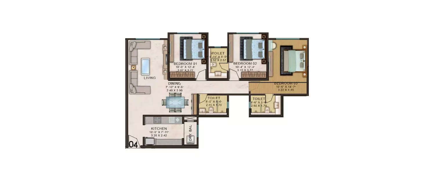 3 BHK Apartment 1397 Sq.ft