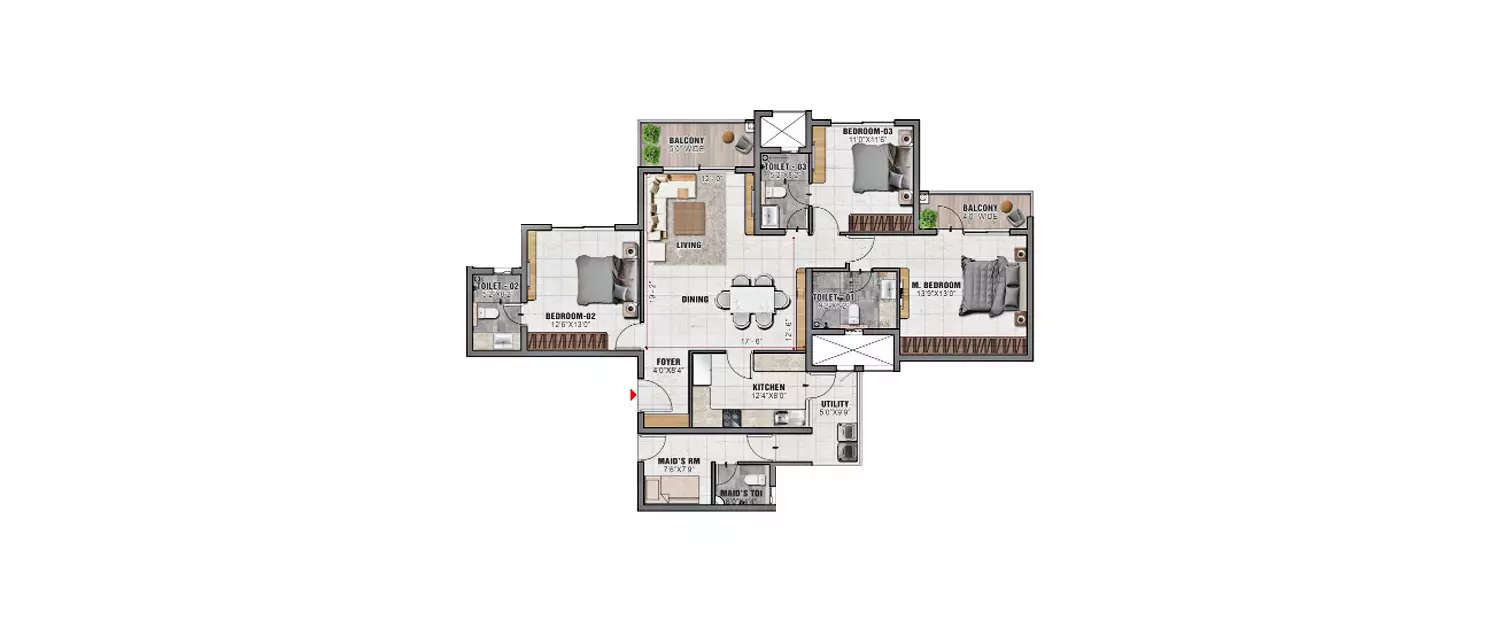 Floor plan for 3 BHK