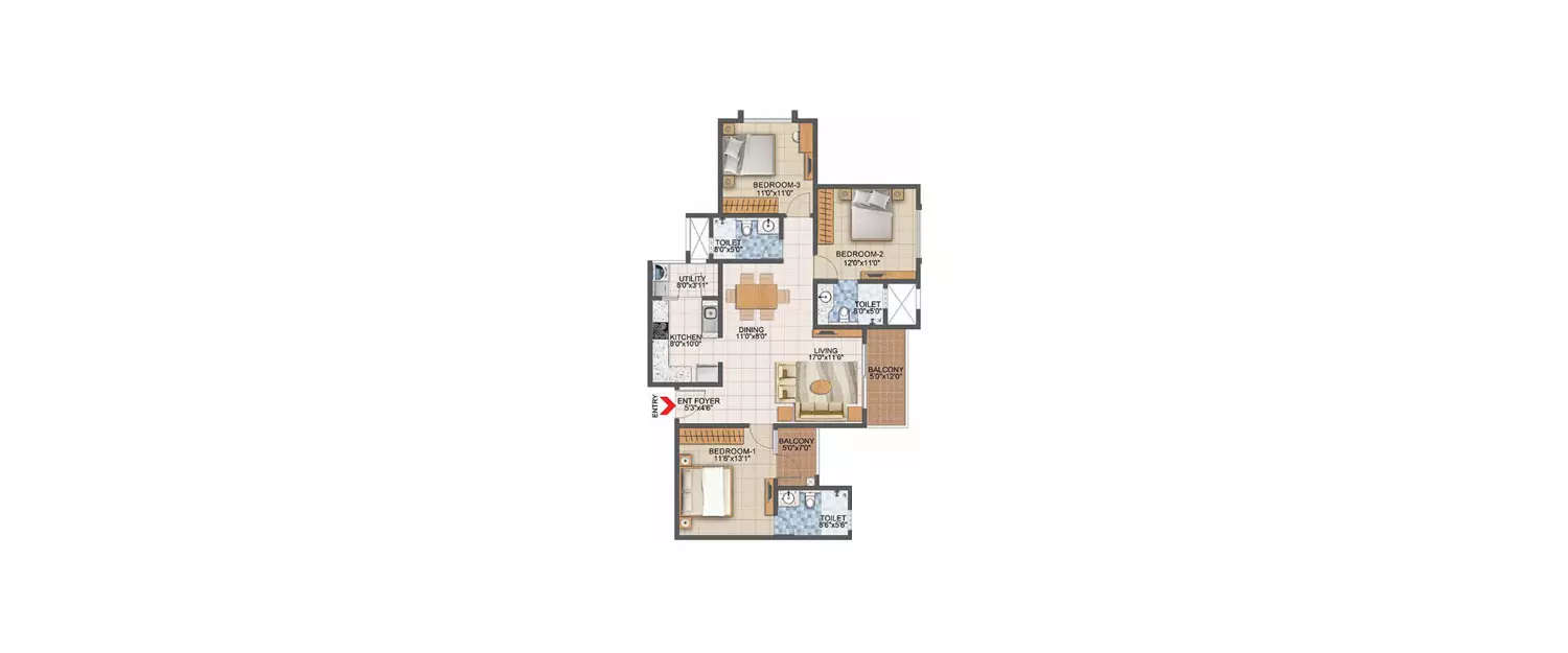 Floor plan for 3 BHK
