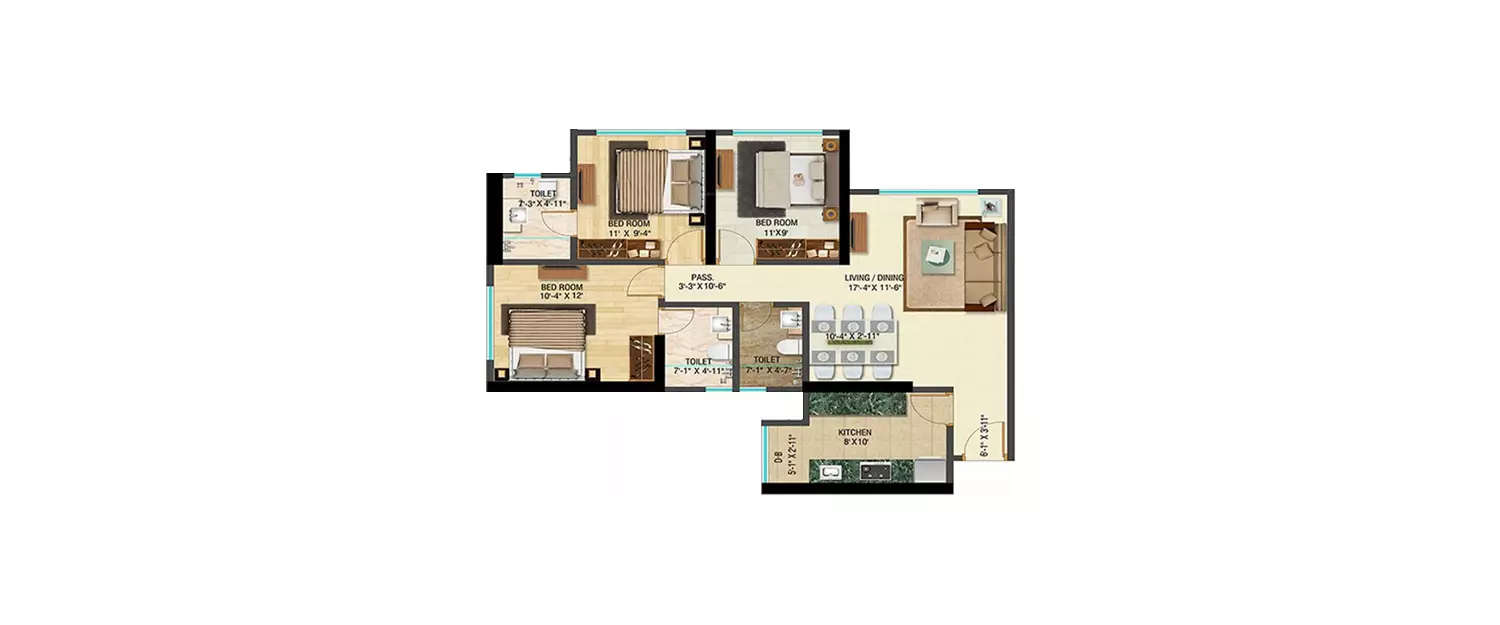 Floor plan for 3 BHK