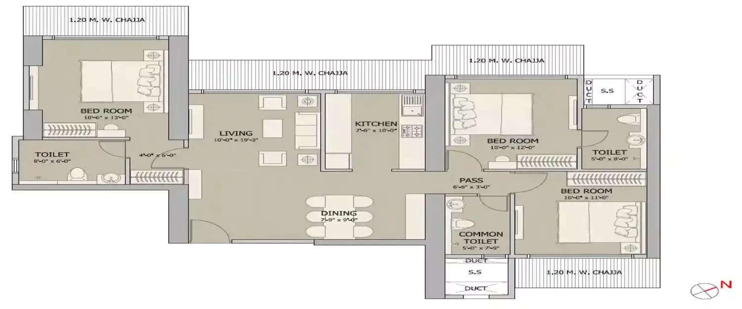 Floor plan for 3 BHK