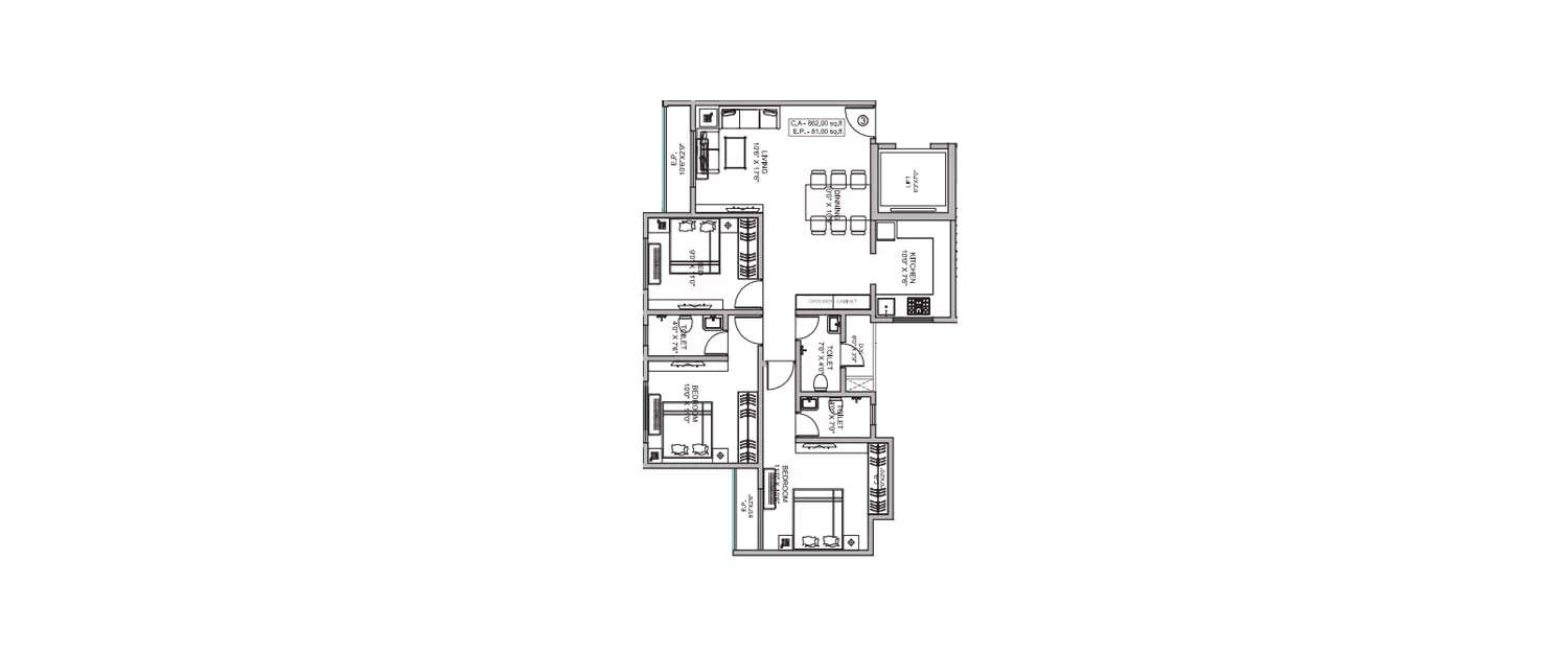 Floor plan for 3 BHK