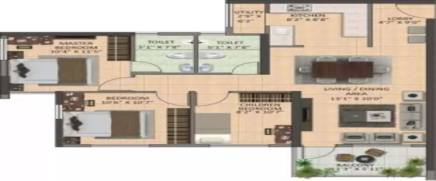 Floor plan for 3 BHK