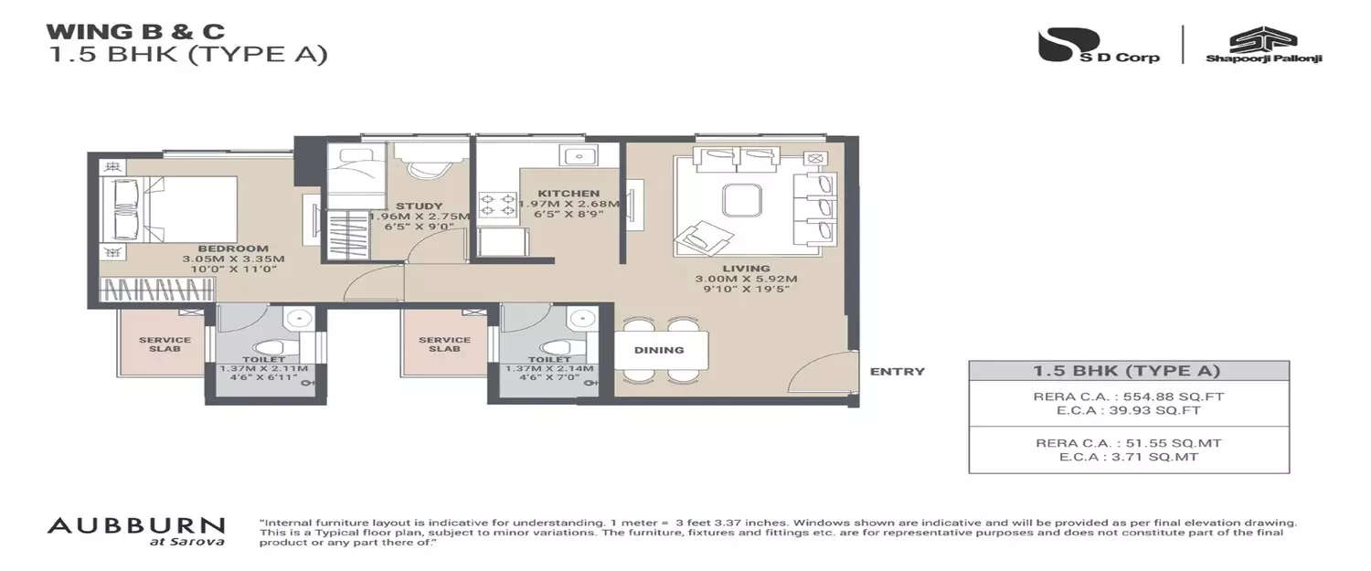 Floor plan for 1.5 BHK