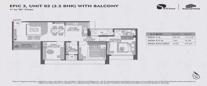 Shapoorji Pallonji Hello EPIC Sewri - Floor plan 2.5 BHK 747 Sq.ft