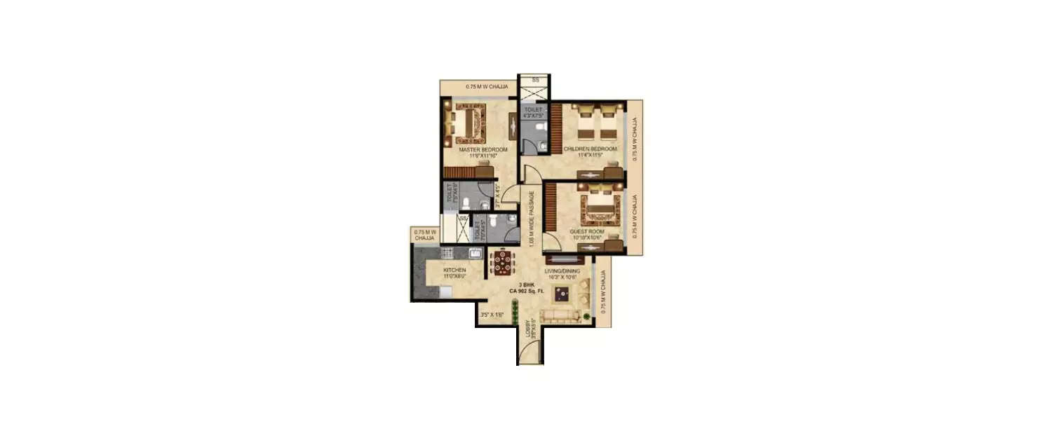 Floor plan for 3 BHK