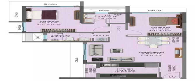 Raheja Ascencio Chandivali - Floor plan 2 BHK 829 Sq.ft