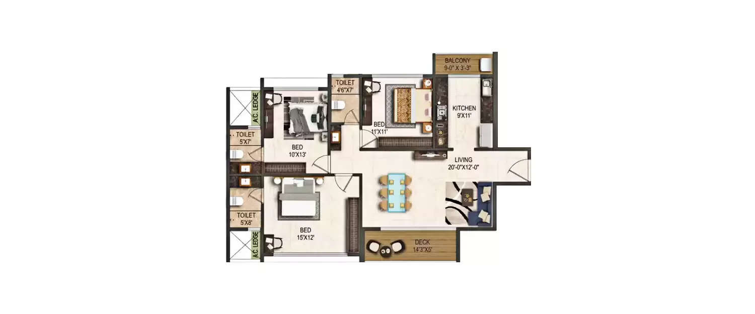 Floor plan for 3 BHK