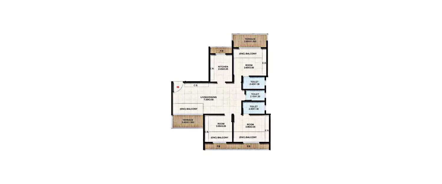 Floor plan for 3 BHK