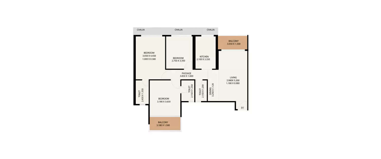 Floor plan for 3 BHK