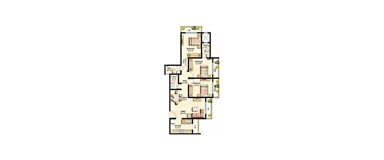 Floor plan for 3 BHK