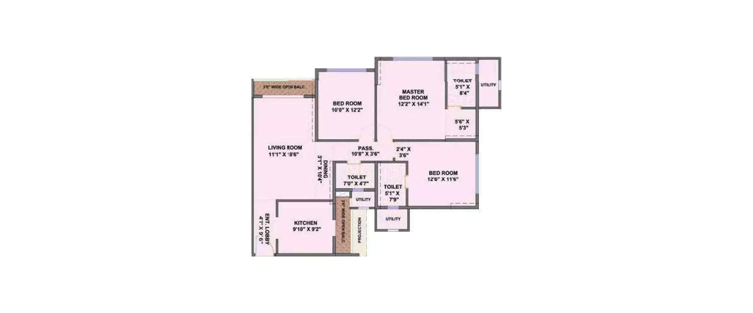 Floor plan for 3 BHK