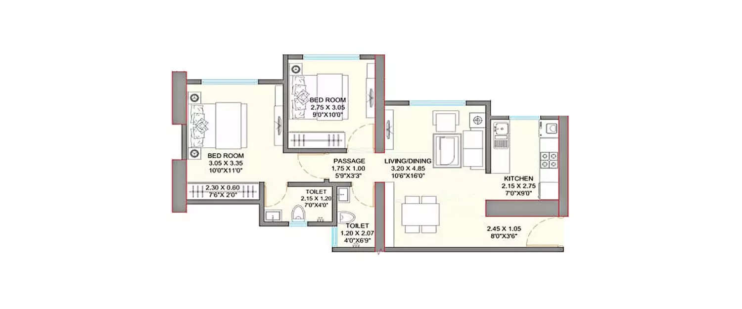 Floor plan for 2 BHK