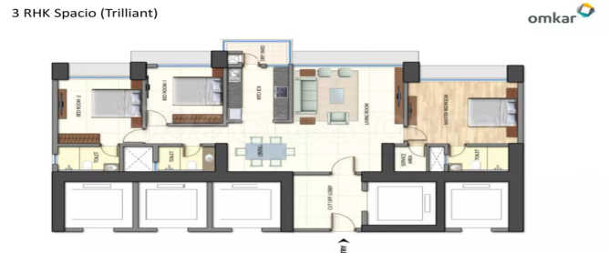 Omkar Alta Monte Malad - Floor plan 3 BHK 940 Sq.ft