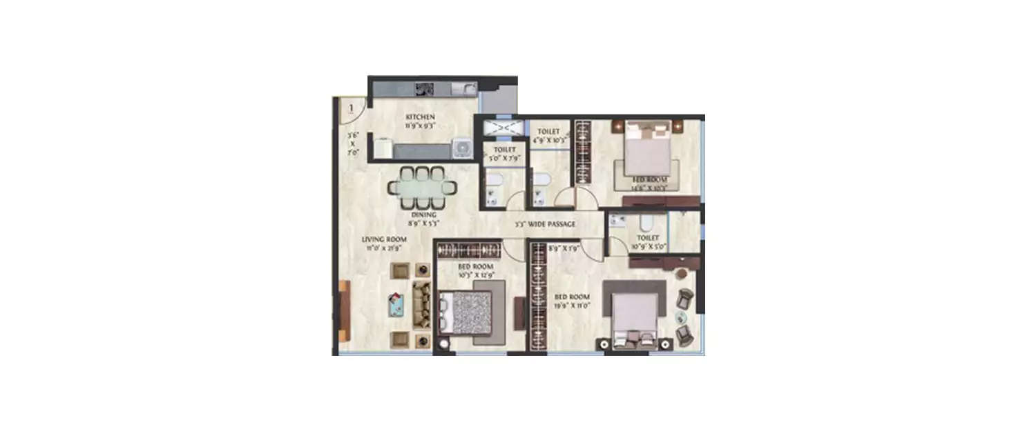 Floor plan for 3 BHK