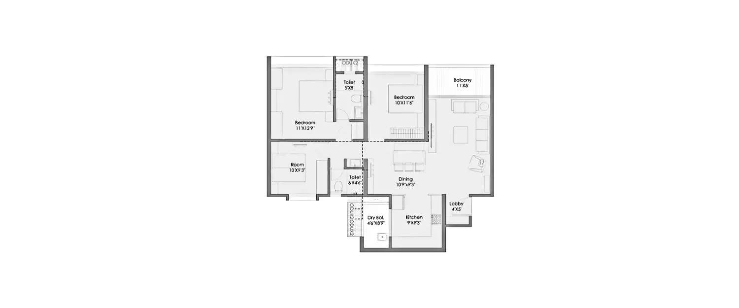Floor plan for 3 BHK