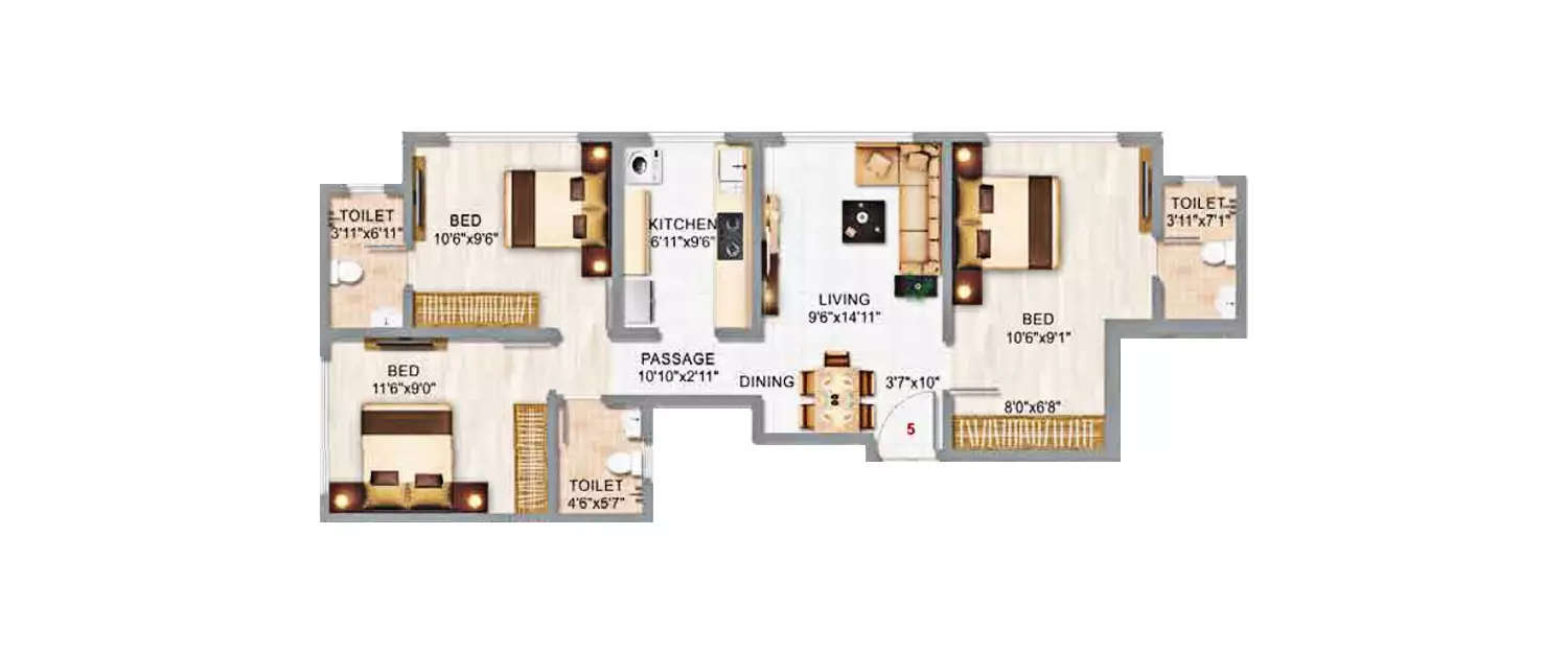 Floor plan for 3 BHK