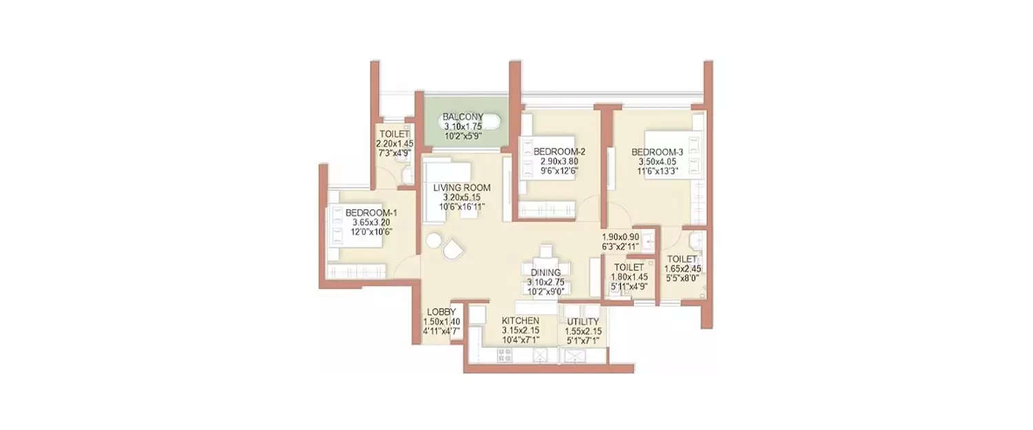 Floor plan for 3 BHK