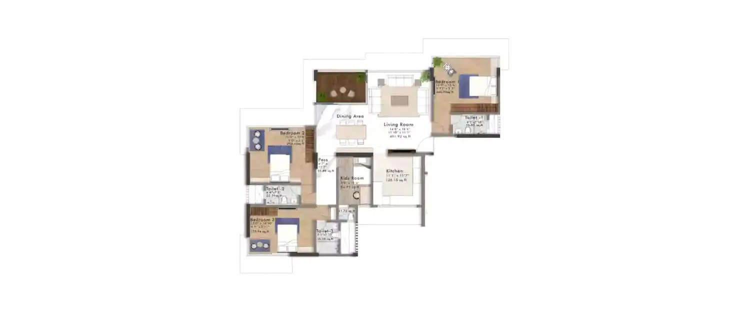 Floor plan for 3 BHK