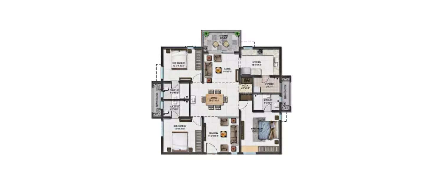 Floor plan for 3 BHK