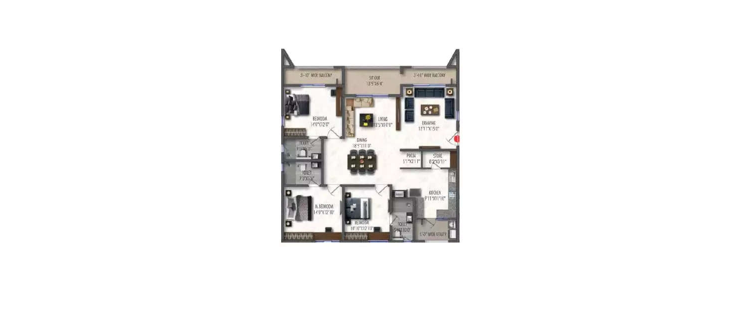 Floor plan for 3 BHK