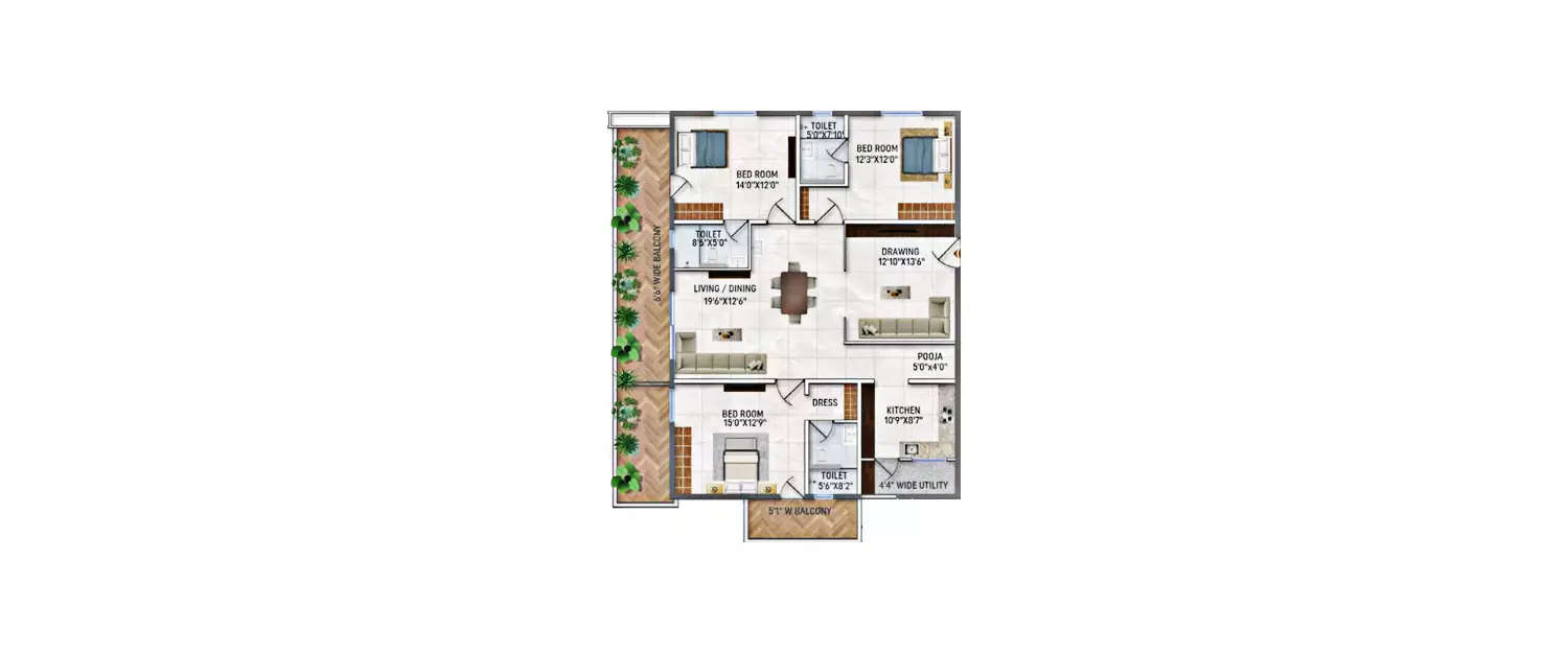 Floor plan for 3 BHK