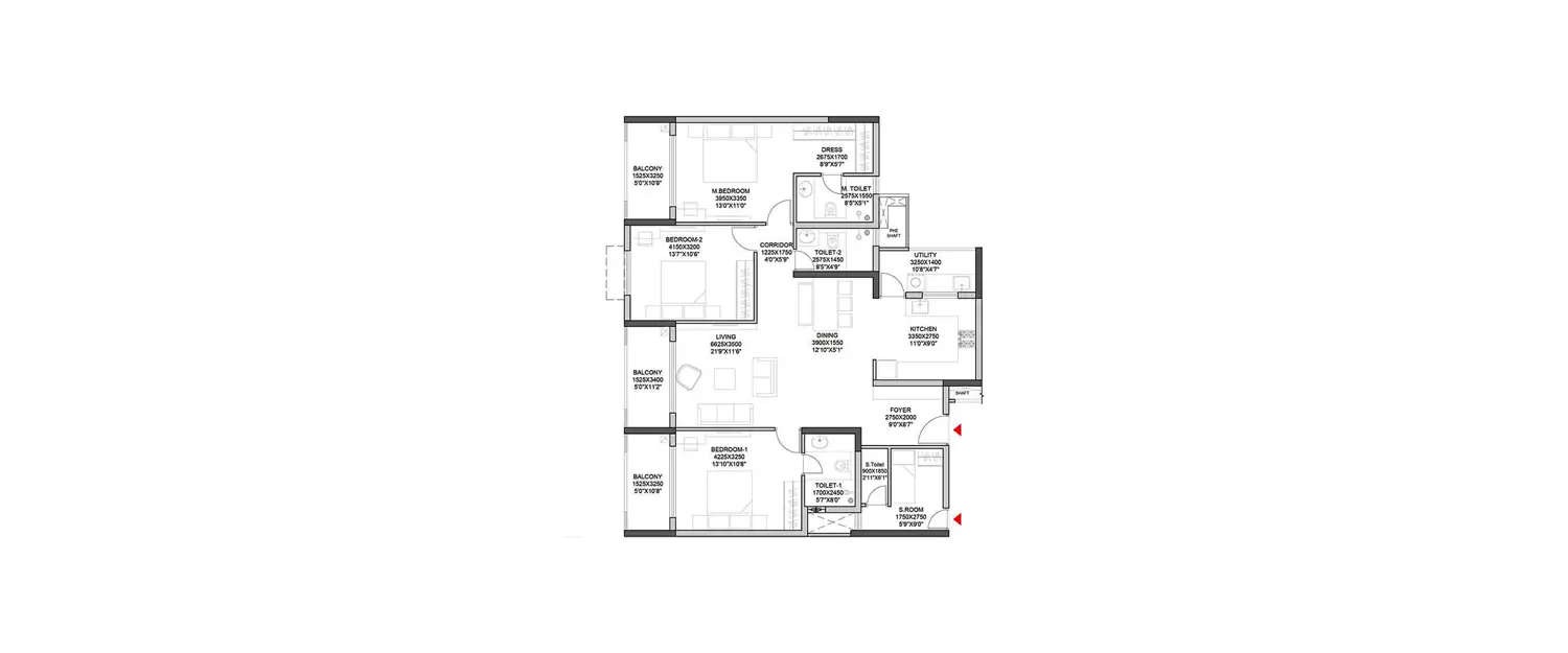 Floor plan for 3 BHK