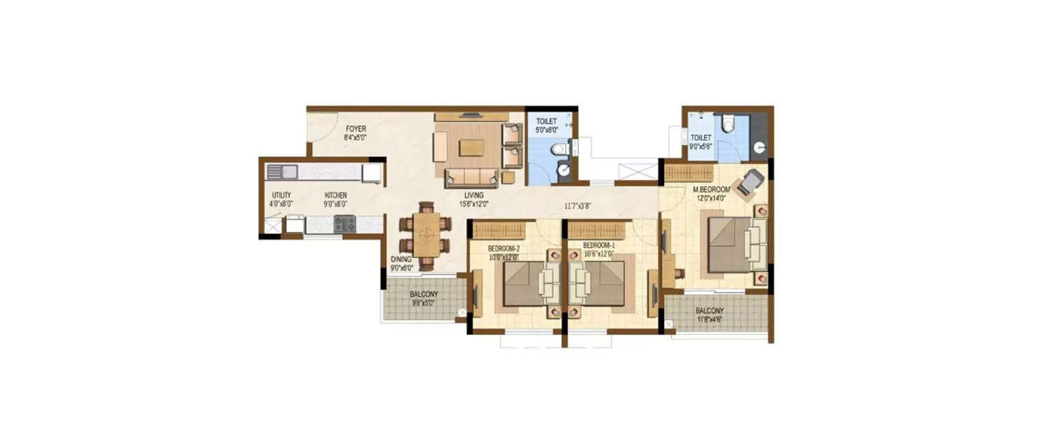 Floor plan for 3 BHK