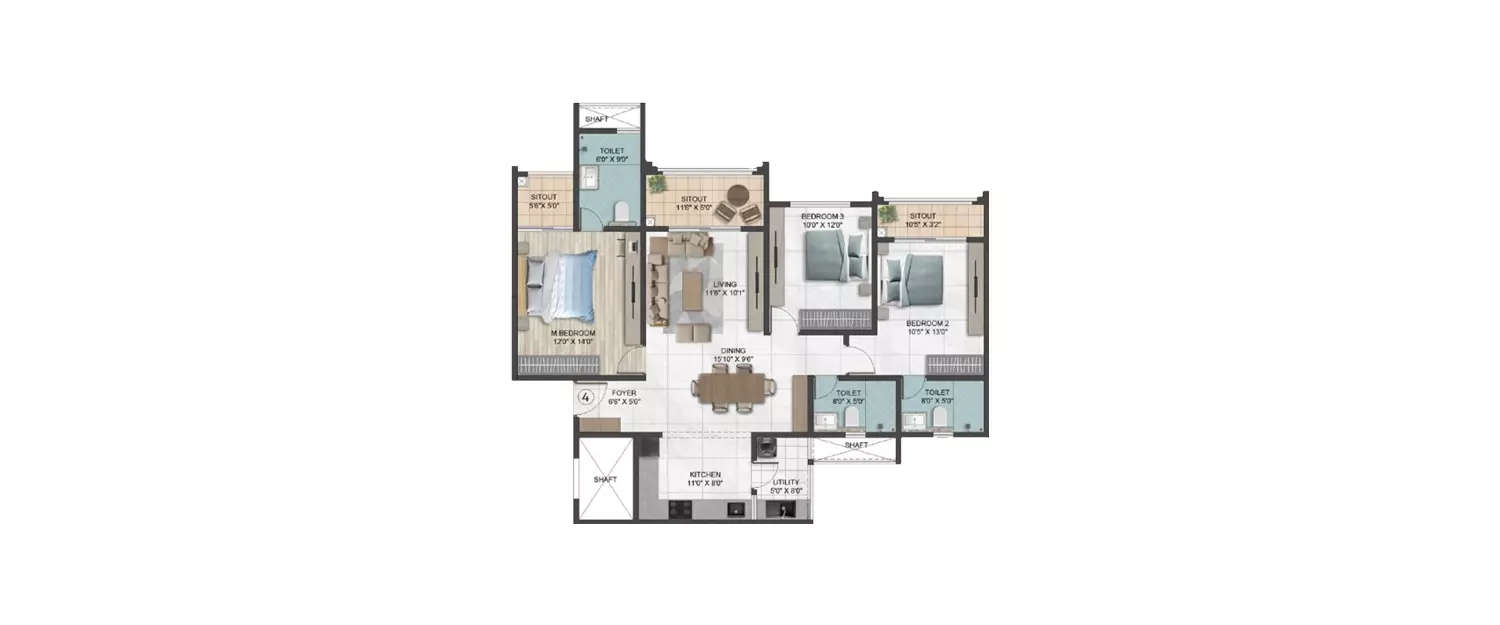 Floor plan for 3 BHK