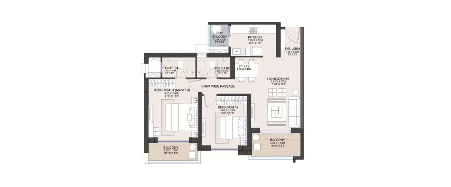 Floor plan for 2 BHK