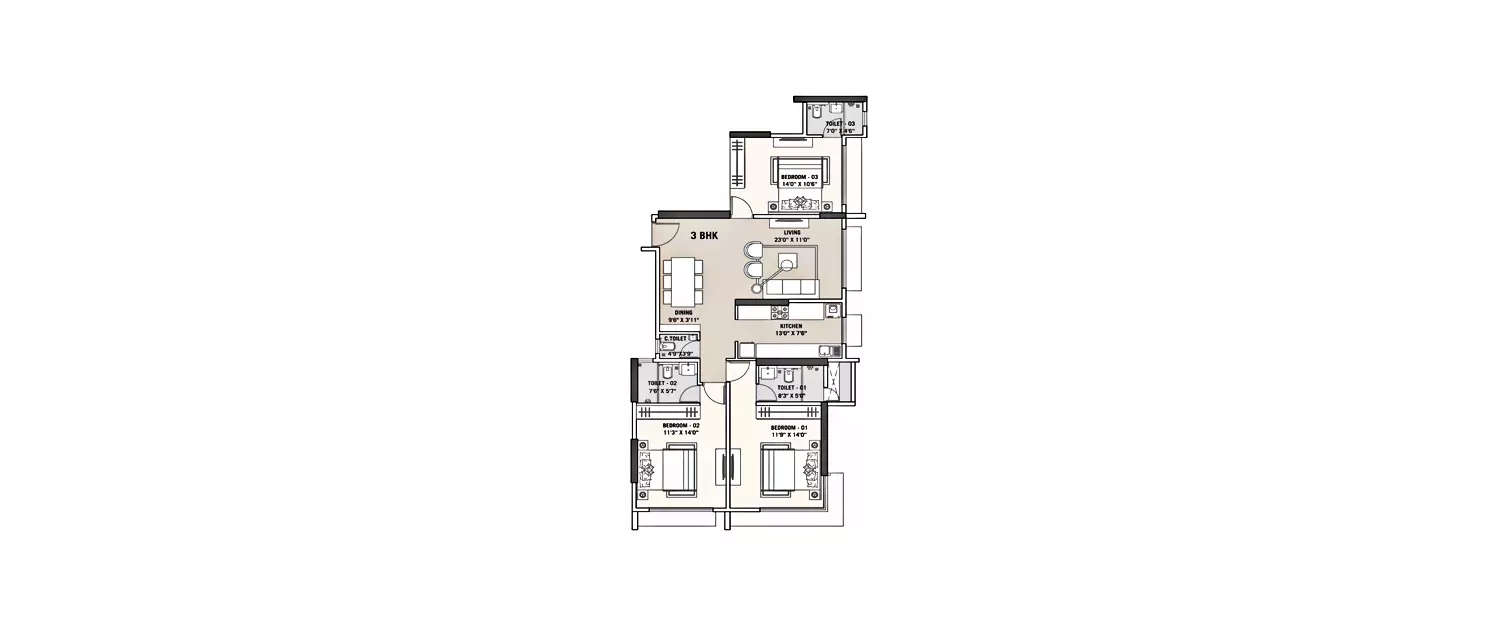 Floor plan for 3 BHK