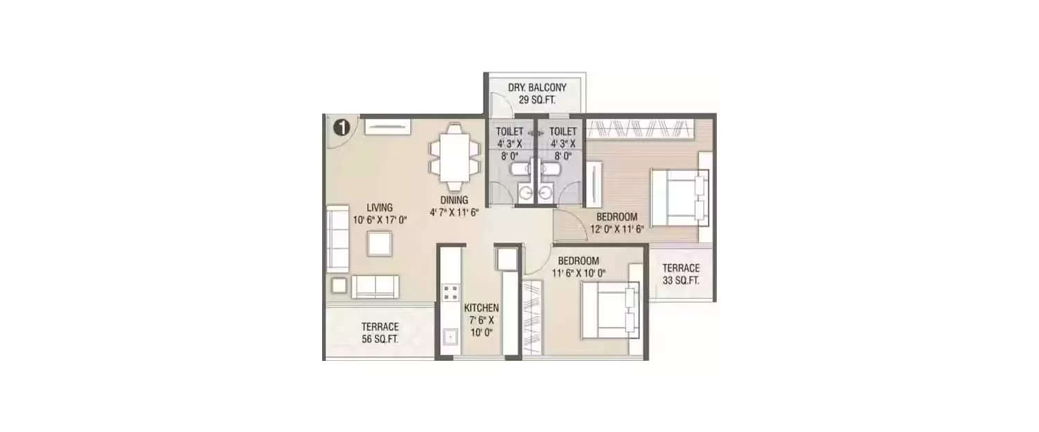 2 BHK Apartment 980 Sq.ft