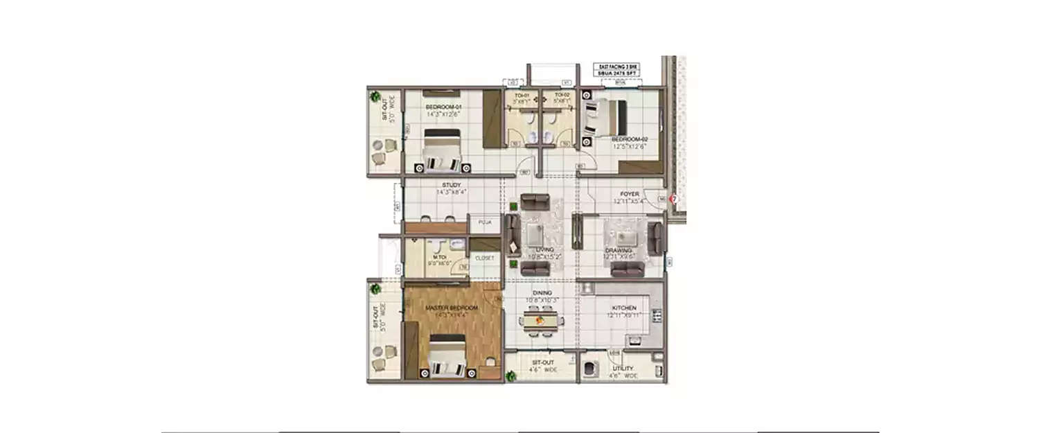 Floor plan for 3 BHK