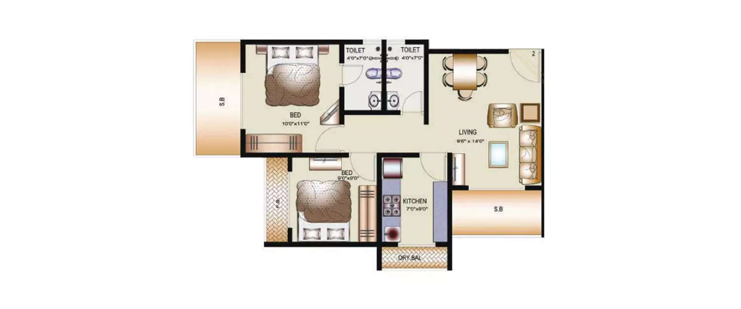 Floor plan for 2 BHK