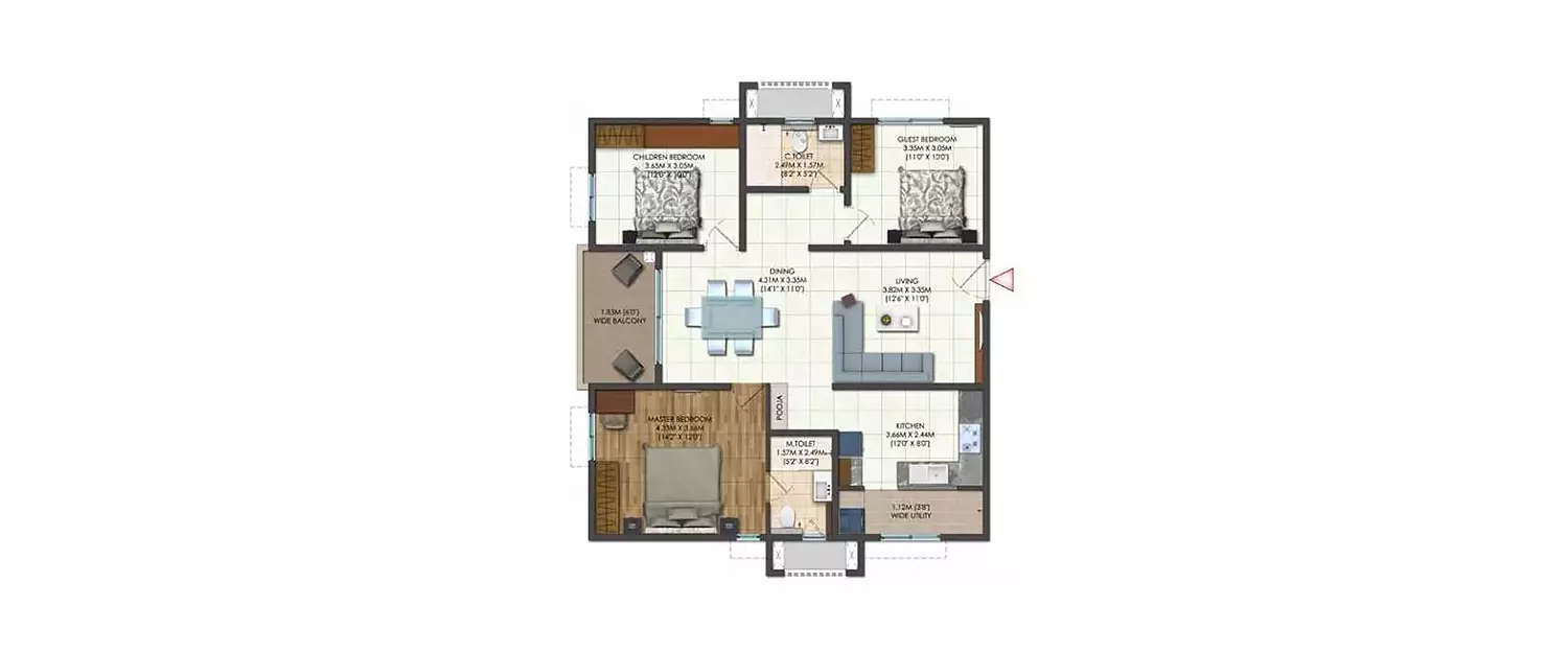 Floor plan for 3 BHK