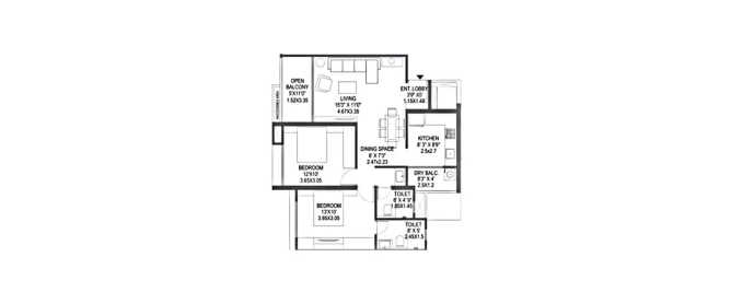 Mantra Codename Benchmark Akurdi - Floor plan 2 BHK 708 Sq.ft