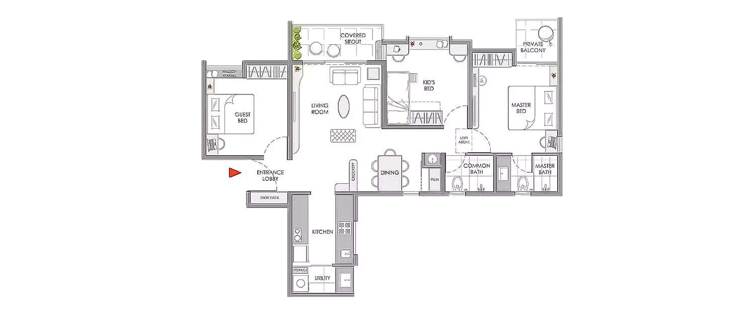 Floor plan for 3 BHK