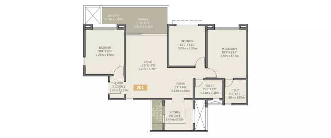 VTP Solitaire Pashan - Floor plan 3 BHK 688 Sq.ft