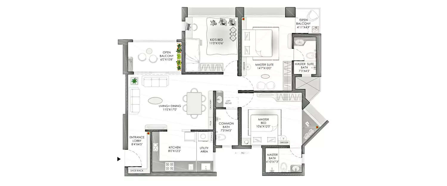 Floor plan for 3 BHK