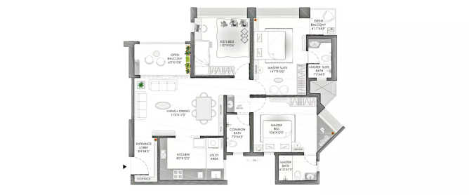 Yashwin Supernova Wakad - Floor plan 3 BHK 784 Sq.ft