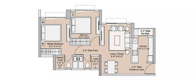 Sunteck Flamingo Airoli - Floor plan 2 BHK 771 Sq.ft