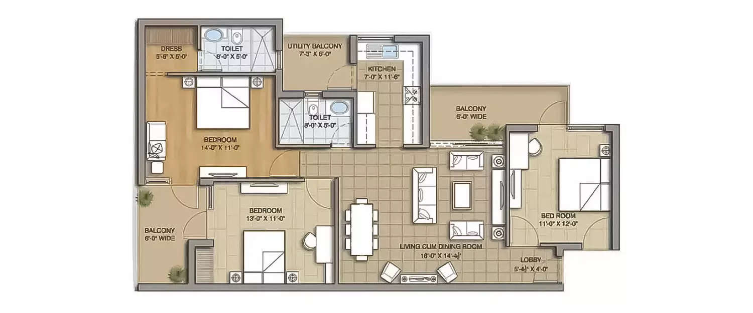 Floor plan for 3 BHK