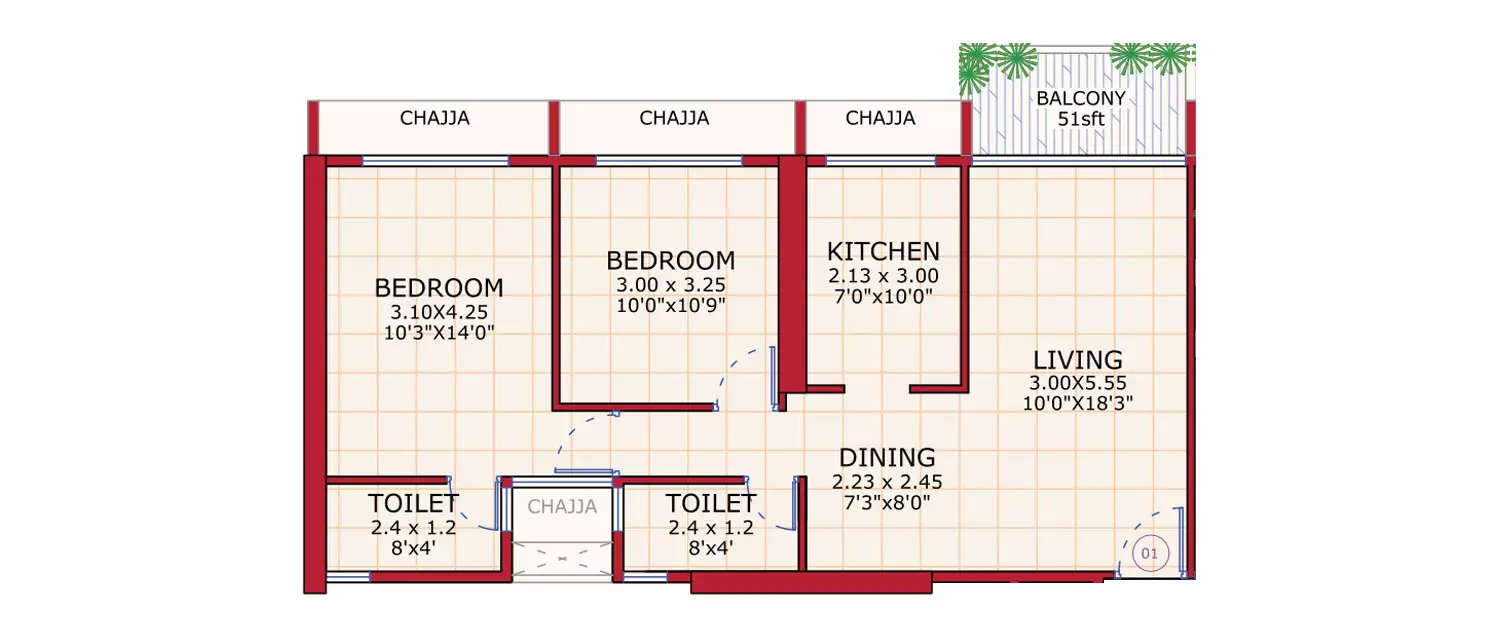 Floor plan for 2 BHK