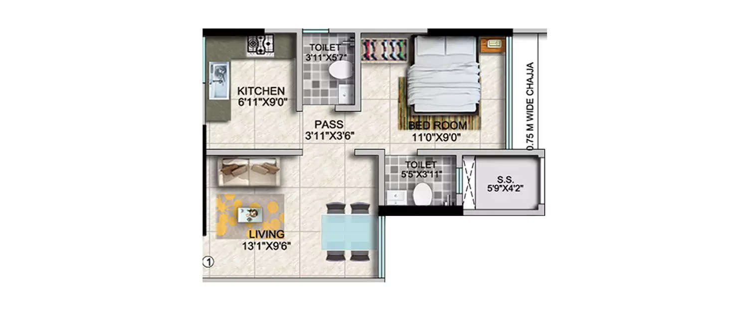 Floor plan for 1 BHK