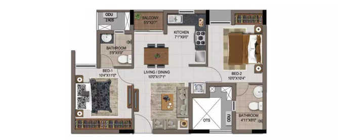 Paradigm Zenith Ghodbunder Road - Floor plan 2 BHK 740 Sq.ft