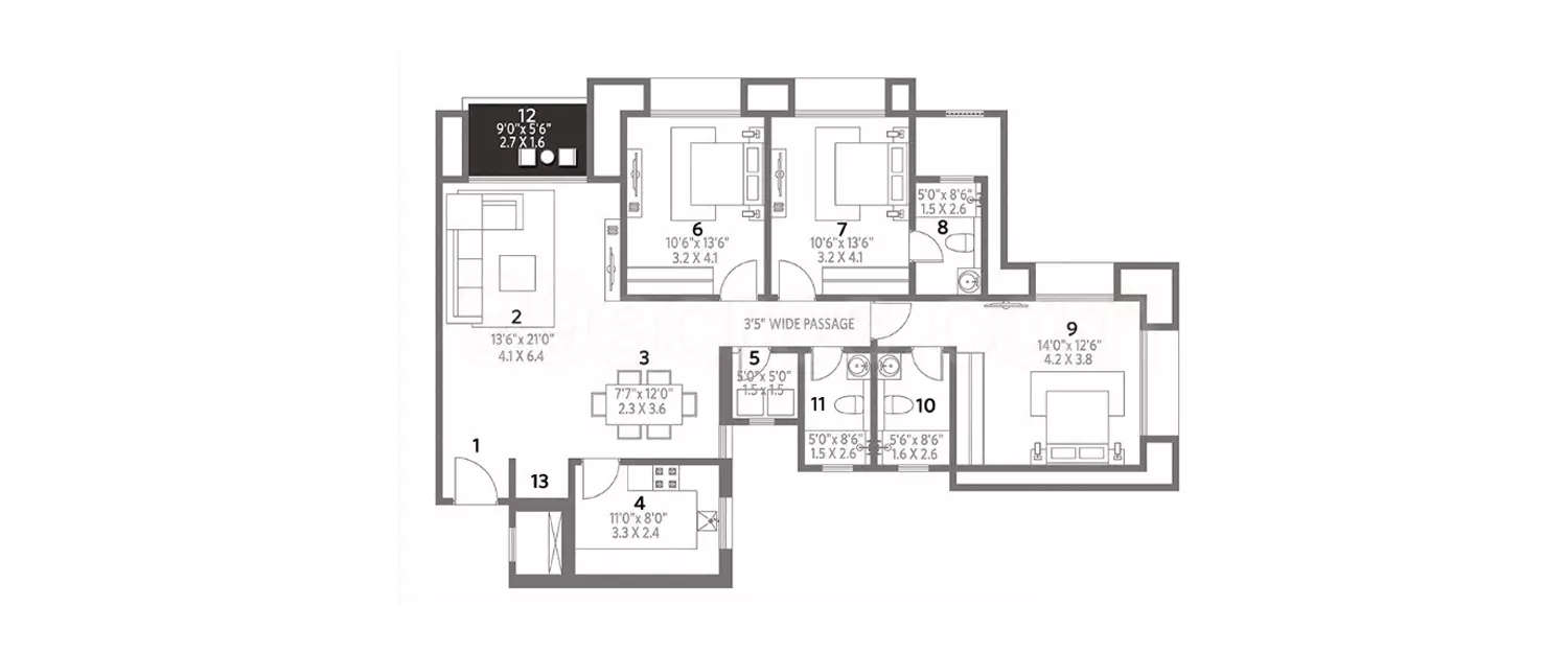 Floor plan for 3 BHK