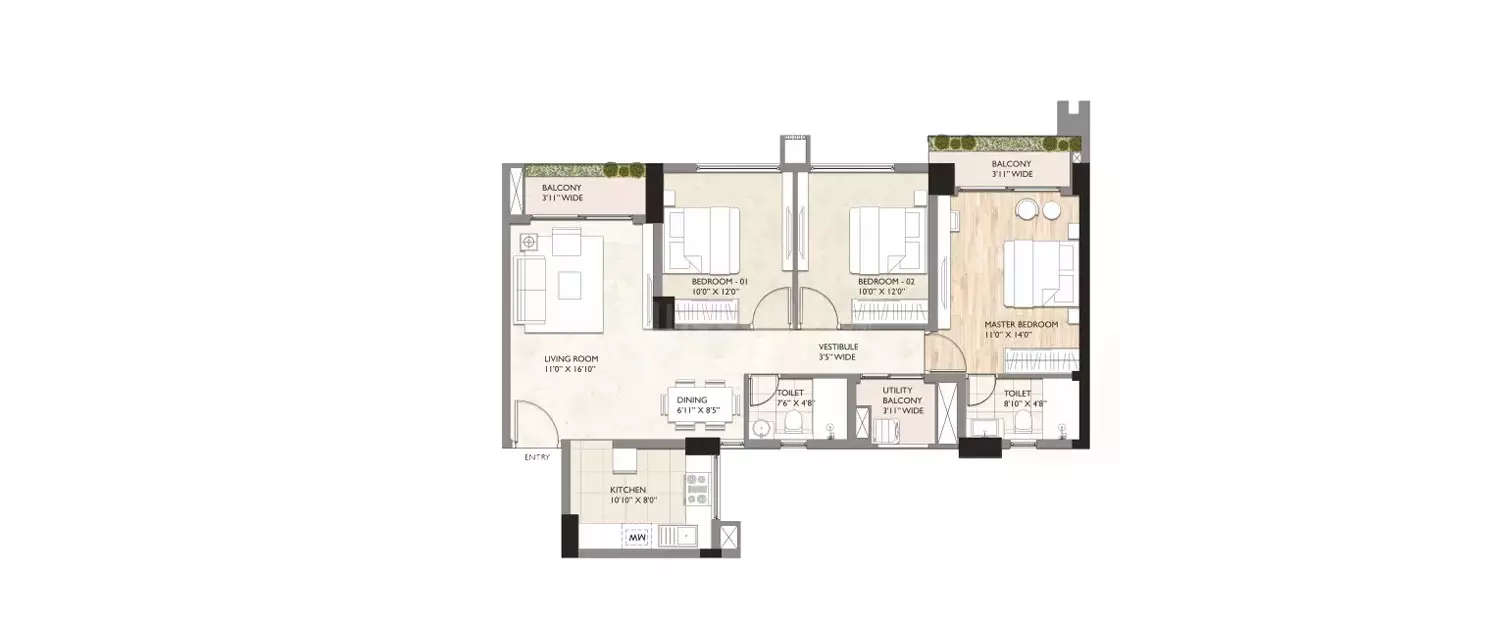 Floor plan for 3 BHK
