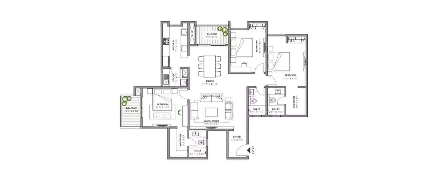 Floor plan for 3 BHK